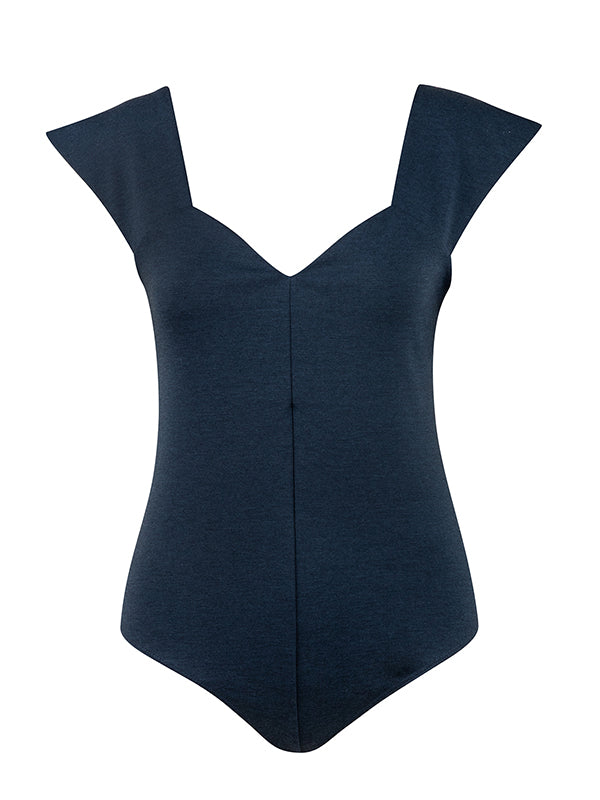 low-cut navy bodysuit