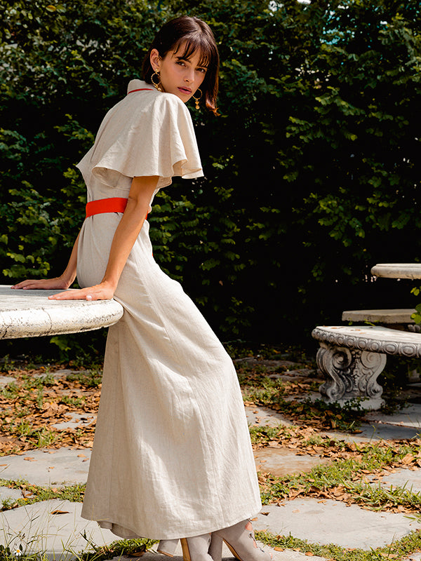 Khaki long dresses with short sleeves