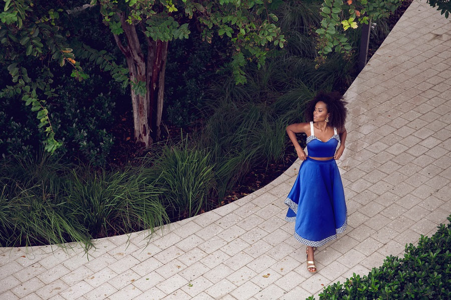 look with long blue skirt